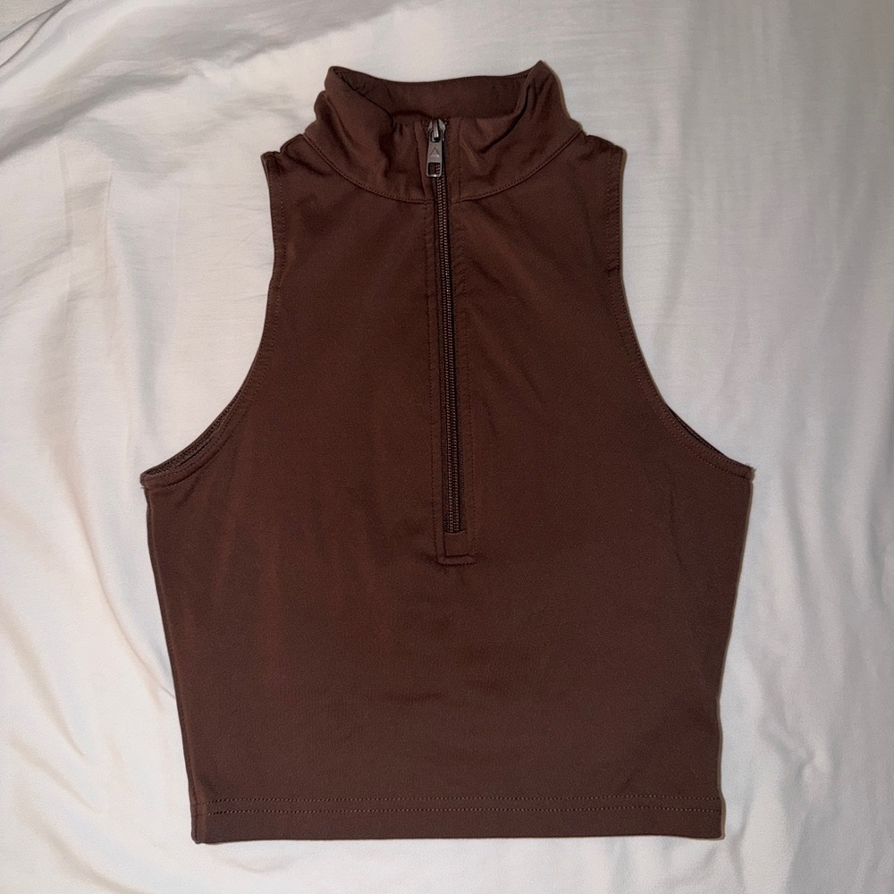 Vitality Mock Neck Zip-Front Crop Tank in Brown - Size S